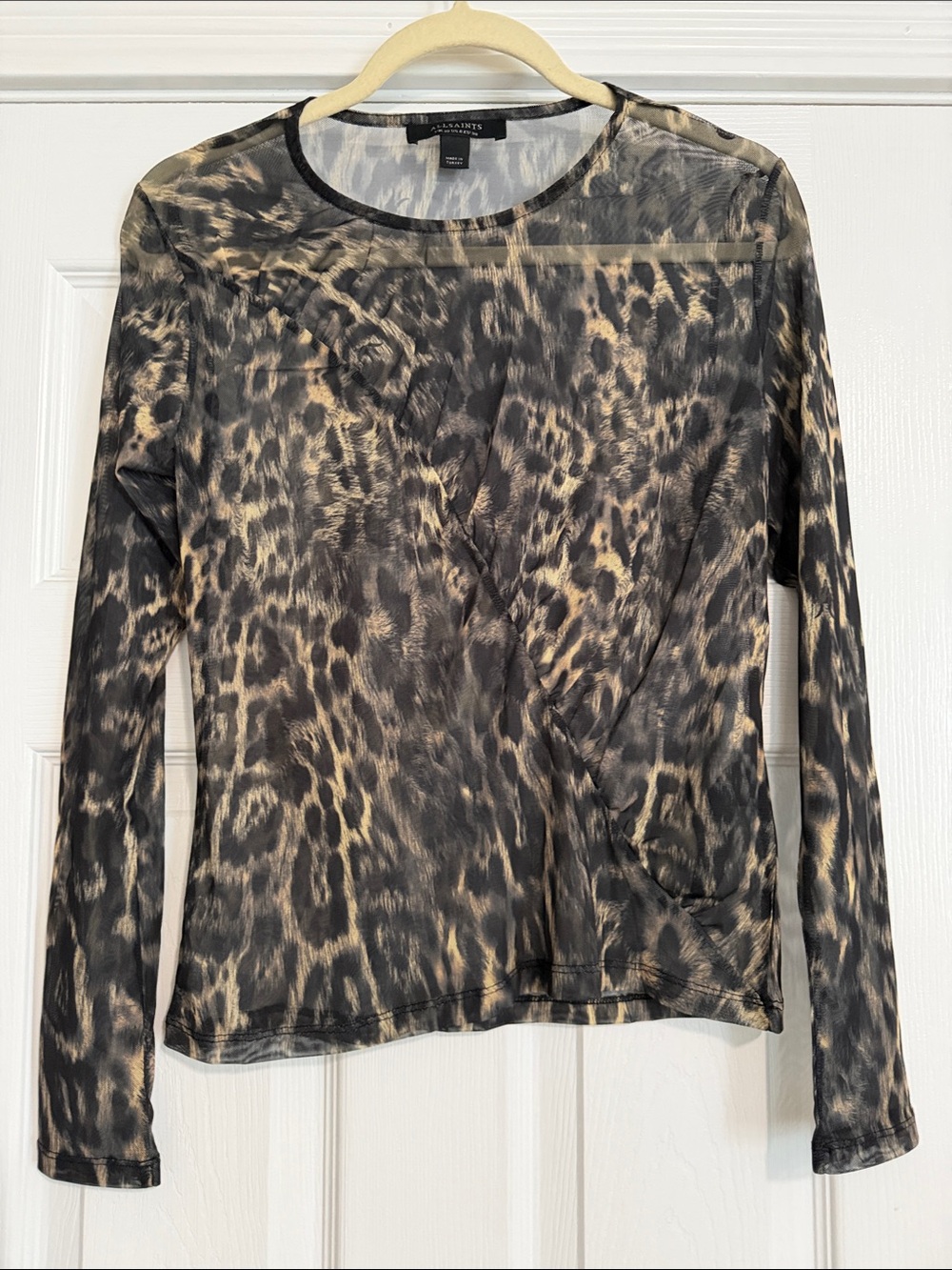 AllSaints Sheer Leopard-Print Long Sleeve Top - Black & Tan